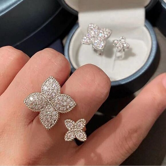 Elegant Floral Double Open Ring Set - Picture 1 of 7